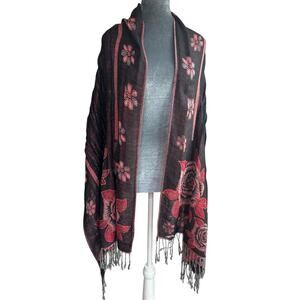 XL tapestry style SHawl- End Tassels- rose designs, black and red- 82x26 inches
